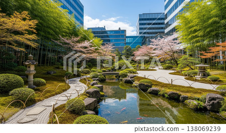 摩天大樓間的一片鬱鬱蔥蔥和日式花園 138069239