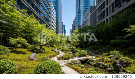 摩天大樓間的一片鬱鬱蔥蔥和日式花園 138069240
