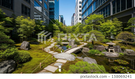 摩天大樓間的一片鬱鬱蔥蔥和日式花園 138069241
