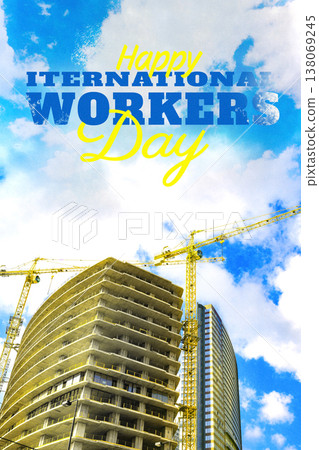 Celebration of International Workers Day with construction site and cranes on May 1 138069245