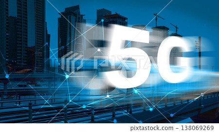 5G internet technology is shown in a city with tall buildings and construction sites 138069269