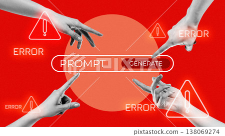 Hands pointing at a prompt button on a red background with error warnings in the scene 138069274