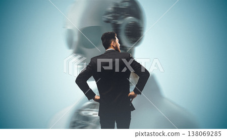 Man in suit observes AI robot in futuristic setting with digital background Man in suit observes AI robot in futuristic setting with digital background 138069285