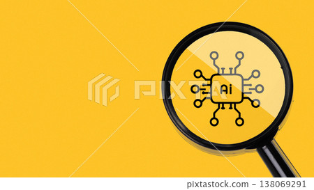 Focus on a chip with AI symbol under a magnifying glass on a yellow background during daytime Focus on a chip with AI symbol under a magnifying glass on a yellow background during daytime 138069291
