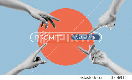 Hands reach toward a button on a colorful background during a creative activity 138069301