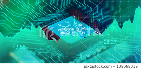 Artificial intelligence chip and circuit background showing data patterns and digital signals Artificial intelligence chip and circuit background showing data patterns and digital signals 138069319
