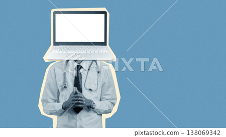 Doctor with a laptop head represents AI in healthcare at a modern clinic in 2023 138069342
