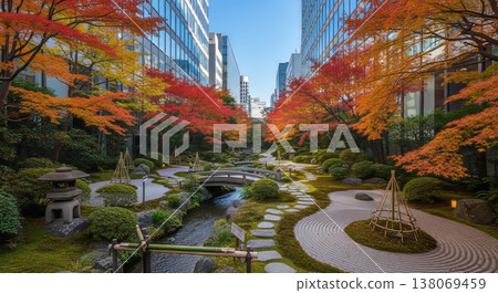 秋葉與摩天大樓間的日式庭園 138069459