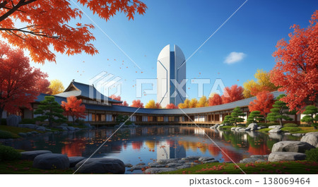 秋葉與摩天大樓間的日式庭園 138069464