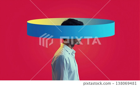 A striking portrait of a young man partially obscured by a vibrant blue circular form. A striking portrait of a young man partially obscured by a vibrant blue circular form. 138069481