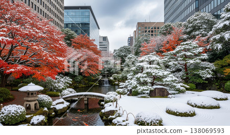 Snowscape between skyscrapers and a Japanese garden 138069593