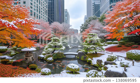 摩天大樓與日式花園之間的雪景 138069595