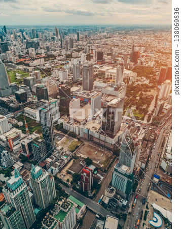 modern Bangkok city with skyscrapers of financial downtown district aerial view, drone view of bustling capital of Thailand 138069836
