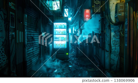 雨後小巷中閃閃發光的復古自動販賣機，以及賽博龐克風格的東京 138069906