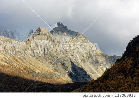 Landscape of Yangmaiyong holy mountain and the lake on highland in sunny day at Yading nature reserve, China Landscape of Yangmaiyong holy mountain and the lake on highland in sunny day at Yading nature reserve, China 138069938