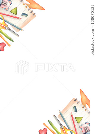 Hand-painted watercolor vertical stationary, pencils, ruler, eraser, sharpener, notebook, isolated on white. Perfect for kids posters, education materials, school designs, invitations, decor 138070125