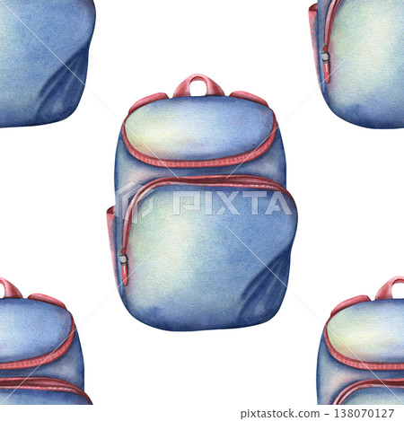 Hand-painted watercolor seamless pattern with blue backpacks isolated on white background. Clean, modern, playful design ideal for school products, stationery, textiles, packaging, branding 138070127
