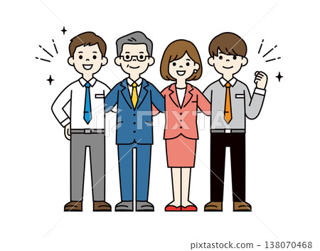 Full-body vector illustration of multiple businessmen smiling and putting their arms around each other's shoulders: CEO, colleagues, female employees, and secretary. Full-body vector illustration of multiple businessmen smiling and putting their arms around each other's shoulders: CEO, colleagues, female employees, and secretary. 138070468