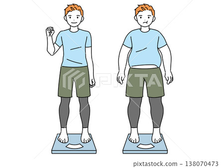 一位減肥成功男士站上體重計的插圖：減肥前後對比 138070473