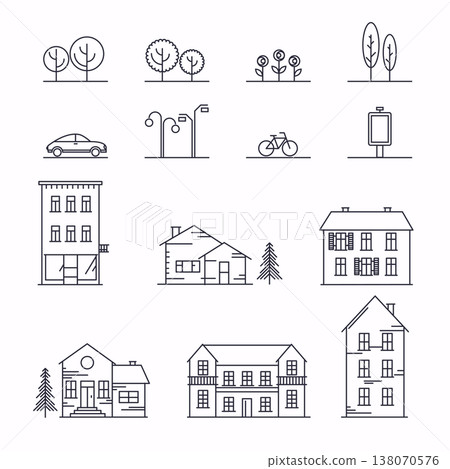 Vector city illustration in linear style. Icons and illustrations with buildings, houses and architecture signs. Ideal for business web publications, graphic design. Flat style vector illustration. Vector city illustration in linear style. Icons and illustrations with buildings, houses and architecture signs. Ideal for business web publications, graphic design. Flat style vector illustration. 138070576