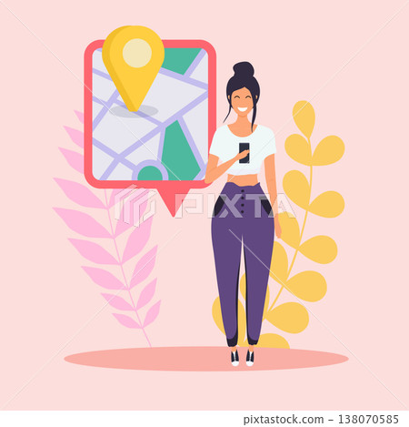 Woman holding mobile smart phone with gps app. Map on smart phone. Navigation concept. Flat design modern vector illustration concept. 138070585