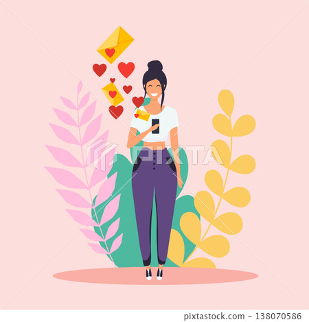 Woman holding mobile smart phone with envelope. Sending love message concept. Woman holding mobile smart phone with envelope. Sending love message concept. 138070586