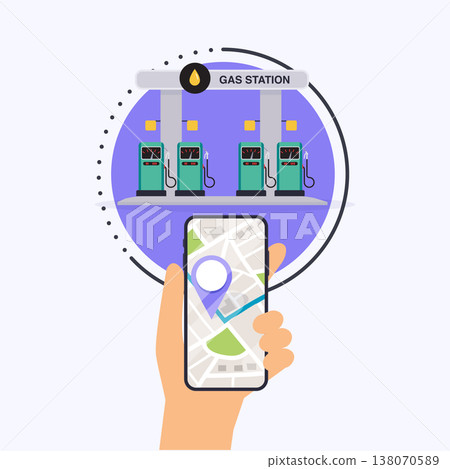 Hand holding mobile smart phone with application search gas station. Find closest on city map. Flat design style modern vector illustration concept. 138070589
