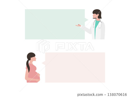 向量插圖，描繪了一位孕婦和一位女醫生之間的對話氣泡。 138070616