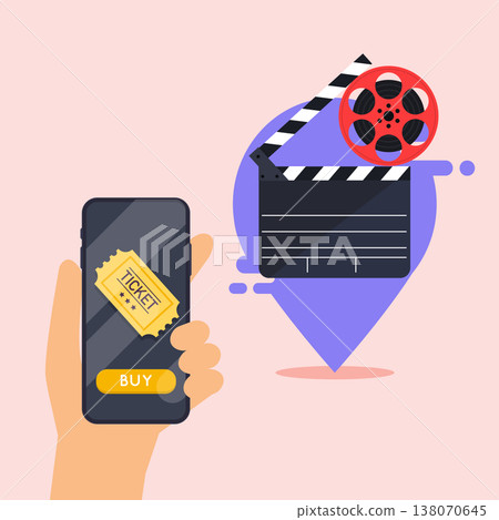 Flat design vector illustration concepts of online cinema ticket order. Hand holding mobile smart phone with online buy app. Vector modern flat creative info graphics design. Flat design vector illustration concepts of online cinema ticket order. Hand holding mobile smart phone with online buy app. Vector modern flat creative info graphics design. 138070645