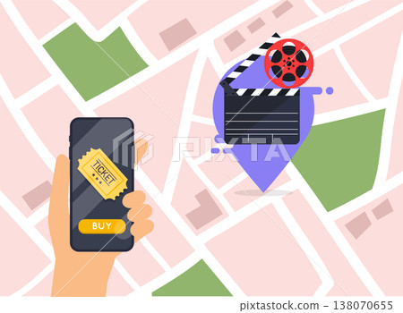 Flat design vector illustration concepts of online cinema ticket order. Hand holding mobile smart phone with online buy app. Vector modern flat creative info graphics design. 138070655
