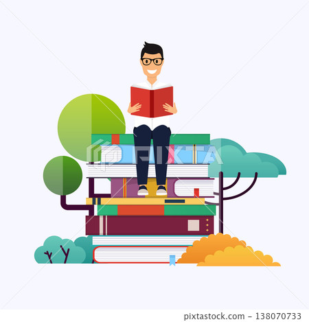 Man sitting on books and reading. Concept for website and mobile website development of education. 138070733