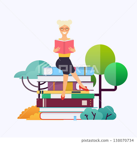 Woman sitting on books and reading. Concept for website and mobile website development of education. 138070734
