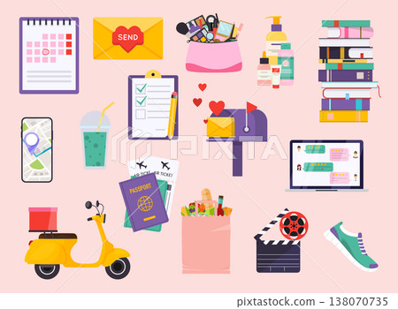 Icon set woman lifestyle object. Concept of education, travel, work and healthy. Icon set woman lifestyle object. Concept of education, travel, work and healthy. 138070735