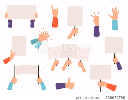 Concept of hands hold different banners, manifestation sign placard. Blank vote placards and peace protest poster. Concept of hands hold different banners, manifestation sign placard. Blank vote placards and peace protest poster. 138070798