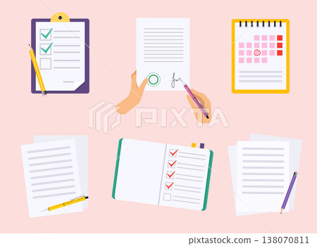 Office checks forms, priority list checks, check mark list and checking paper to do checklists. 138070811