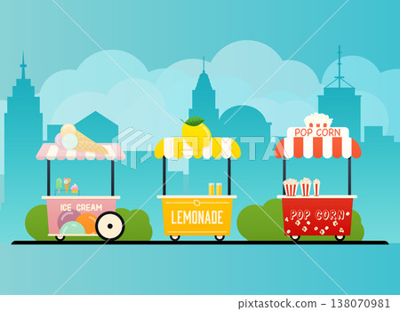Street food cart. Urban landscape. Flat design modern vector illustration concept. 138070981