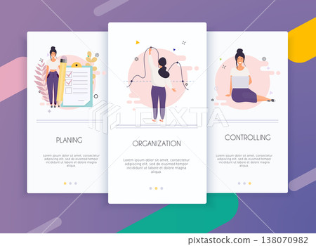 Onboarding screens user interface kit for mobile app templates concept of controlling. Business processes. Concept for web banners, websites, infographics. 138070982
