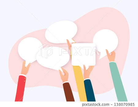 Business people holding many carton speech bubbles. Place for you text. Business flat vector illustration. Business people holding many carton speech bubbles. Place for you text. Business flat vector illustration. 138070985