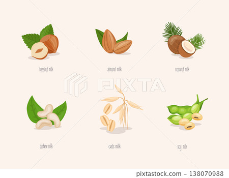 Different variation of plant based milk. Nuts set: hazelnut, coconut, almond, soy bean, oat, cashew. 138070988