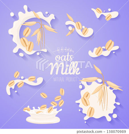 Oats in milk splash. Big splash set. Vegan alternative organic filbert milk flow pour. Non dairy drink or yogurt. 138070989