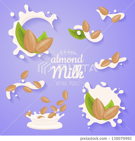 Almond in milk splash. Big splash set. Vegan alternative organic filbert milk flow pour. Non dairy drink or yogurt. 138070992