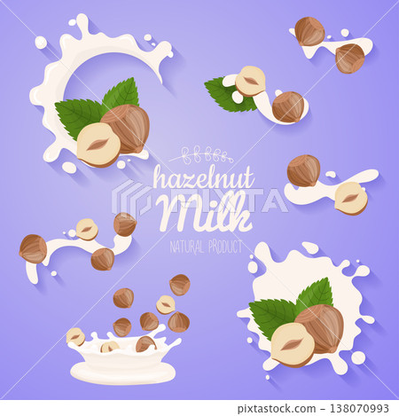 Oats in milk splash. Big splash set. Vegan alternative organic filbert milk flow pour. Non dairy drink or yogurt. 138070993