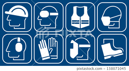 Mandatory sign set, Protective workwear icons, Safety work equipment and protective clothing, Construction safety labels Mandatory sign set, Protective workwear icons, Safety work equipment and protective clothing, Construction safety labels 138071045