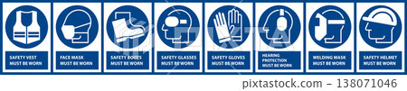Mandatory sign set, Protective workwear icons, Safety work equipment and protective clothing, Construction safety labels Mandatory sign set, Protective workwear icons, Safety work equipment and protective clothing, Construction safety labels 138071046