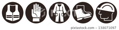 Protective clothing icon set. Personal Protective Equipment PPE signs. Reflective vest, construction gloves, protective clothing, safety boots and safety helmet. 138071097