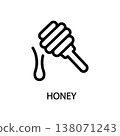 Minimalist black line art of a classic honey dipper with dripping honey, symbolizing natural sweetness, organic honey, and beekeeping. Perfect for logos, food packaging, icons, and timeless branding. 138071243