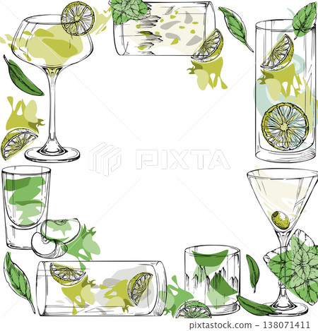 Vector frame with lime wheels, mint sprigs and cocktail outlines. Martini, Caipirinha, Mojito glasses hand drawn in ink for branding, blog headers, holiday menus, themed prints and bar stationery. Vector frame with lime wheels, mint sprigs and cocktail outlines. Martini, Caipirinha, Mojito glasses hand drawn in ink for branding, blog headers, holiday menus, themed prints and bar stationery. 138071411