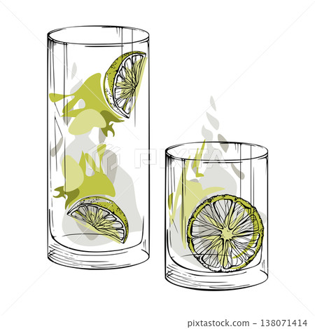 Flat vector Mojito Tropical cocktail, soda lemonade, clear spirits like gin tonic, vodka or tequila. Highball, tumbler glasses hand drawn in ink, citrus slices garnish. Bar branding, culinary visuals. 138071414