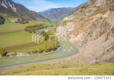 Aerial view of Chuya River flowing between mountains in Chuysky Trakt area Altai Russia. Scenic Siberian river valley surrounded by rugged terrain. Aerial view of Chuya River flowing between mountains in Chuysky Trakt area Altai Russia. Scenic Siberian river valley surrounded by rugged terrain. 138071422