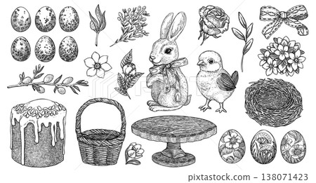 Easter graphic outline set of eggs chick bunny basket nest and festive cake. Hand drawn vector vintage illustration. A timeless and charming collection perfect for traditional and aesthetic design. Easter graphic outline set of eggs chick bunny basket nest and festive cake. Hand drawn vector vintage illustration. A timeless and charming collection perfect for traditional and aesthetic design. 138071423